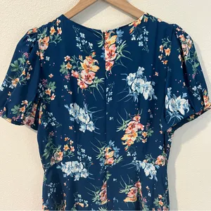 LOFT Floral Chiffon Drop Waist Puff Sleeve‎ Flutter Midi Dress Size 4 thumbnail 9