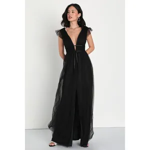 NEW Lulus Women Im All Yours Dress XS Black Tulle‎ Flutter Plunging Maxi Gown thumbnail 4