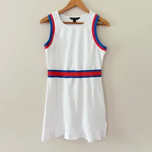 Boston Proper Sport Dress Medium White Red Blue Striped French Terry Flounce Hem thumbnail 3