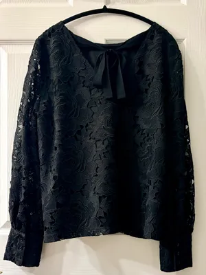 Halogen Black Floral Lace Blouse with Open Back size XL thumbnail 2