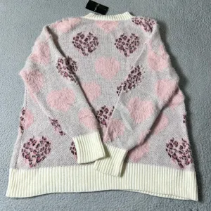 Glitz‎ & Ears Sweater Womens M Pink Cream Fuzzy Leopard Heart Pearl Sweater NEW thumbnail 2