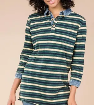 POL Stripe Polo Cotton Shirt Women 8/10 Small Denim Collar Button Cuff Wrist thumbnail 1