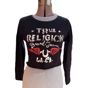 TRUE RELIGION Distressed Wing Baby T-shirt Black Long Sleeve Cropped Top thumbnail 2