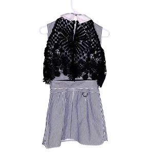 Self-Portrait Blue White Striped Lace Overlay‎ Collared Mini Dress Belted size 0 thumbnail 3