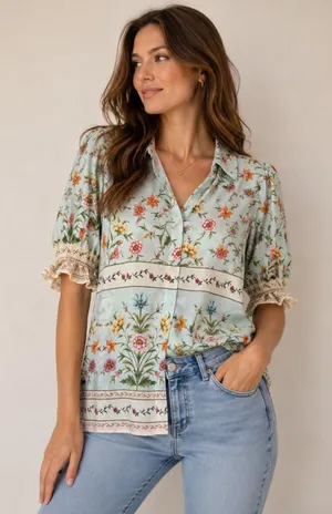 Alex & Lili Womens Large Blue Floral‎ Button Down Blouse Crochet Lace Cuff thumbnail 1