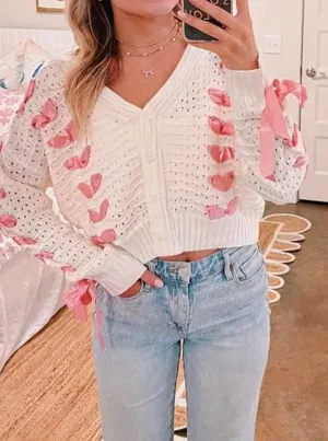 Pink bow winter cardigan White thumbnail 1