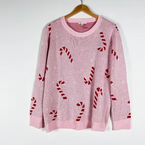 Cato Fashions Candy Cane Festive Holiday Print Pattern Crew Neck Sweater Pink thumbnail 1