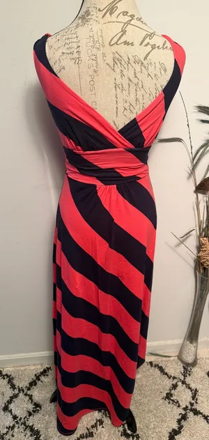 Lilly Pulitzer Womens XS Navy Coral Striped V-Neck Sleeveless Maxi Dress‎ thumbnail 1