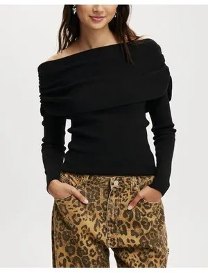🆕 Y2K Ribbed Knit Off-Shoulder Long Sleeve Top Sexy Ruched Pullover thumbnail 1