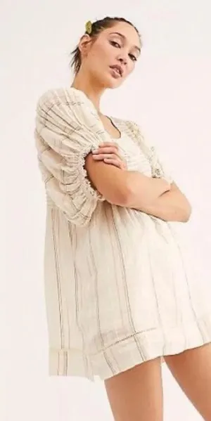 Free People Elsie Textured Gauze Tunic Mini Babydoll Dress Ivory Puff Sleeve thumbnail 1