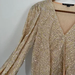 Boston Proper Sequin Wrap Blouse Long Sleeve Metallic Gold‎ Beige New Years Eve thumbnail 6
