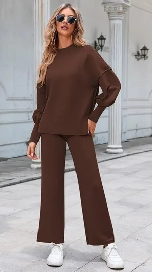 Sweater Set Women's Two Piece Long Sleeve Knit Top Brown thumbnail 1