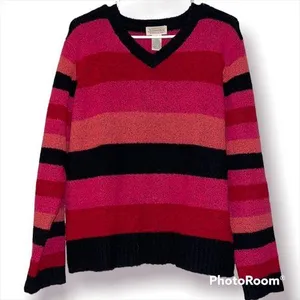 St John’s Bay large womens sweater pullover striped v-neck wool blend stretchy thumbnail 1