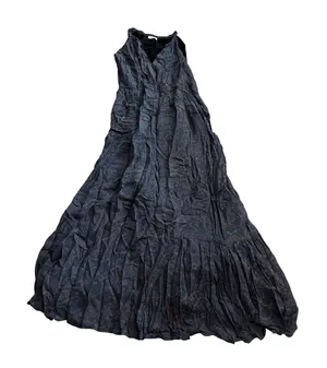 World Market Maxi Dress L/XL Blue Gold Floral Boho Crinkle Sleeveless Tiered thumbnail 1