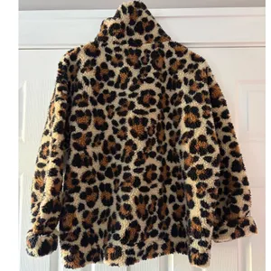J.Crew Vintage Fleece Leopard Print Faux Fur Jacket Brown Tan Black Womens L thumbnail 4