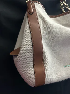 Nine West Cream Canvas Shoulder Tote Boho Bag with Brown Trim thumbnail 4