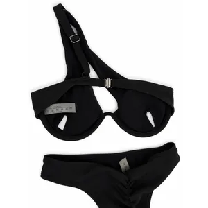 SheIn Black Ribbed Two-Piece Bikini Set Asymmetrical One-Shoulder Swimwear Size XS thumbnail 2