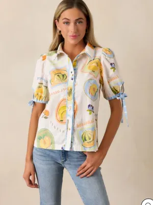 Prosperina Clementine Multi Print Cotton Linen Button Front Tie Sleeve Top 💛🎀 thumbnail 4