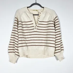 Sezane Leontine Cotton Henley Button Collar Pullover Jumper Sweater Ecru Camel thumbnail 1