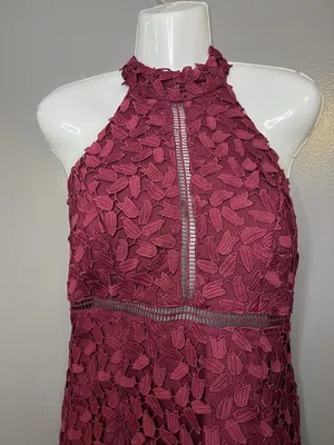 Bardot Dress Womens 6 Red Lace Halter Backless Sheath Midi Floral Party thumbnail 1