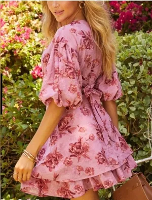 VICI Pink Floral‎ Cutout Puff Sleeve Tiered Mini Dress ACD70781B Small thumbnail 1