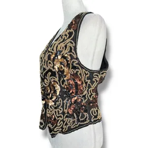 Vintage 90s‎ Black Tie Silk Beaded Metallic Sequin Open Front Vest Gold Bronze thumbnail 4