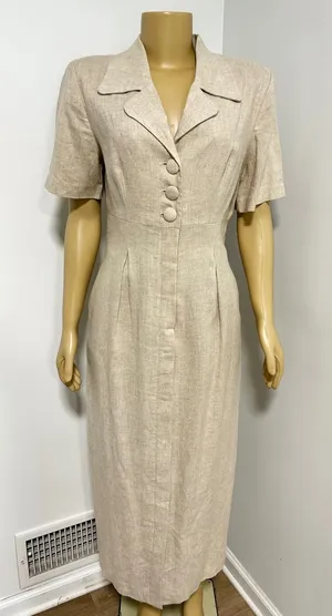 Misty Lane Vintage Linen Blend Maxi Dress Oatmeal Beige Short Sleeve Size 10 USA thumbnail 1