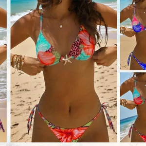 2 Piece Leopard Floral Bikini Swimsuit Halter Triangle String Bathing Suit SMALL Pink thumbnail 8