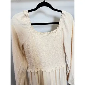 PrettyGarden Cream‎ Swiss Dot Smocked Tiered Maxi Dress Long Sleeve Beige Medium thumbnail 8