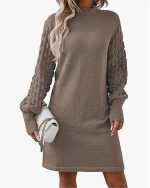 NEW Long Sleeve Sweater Dress Knit Mini Pullover Dress L thumbnail 1
