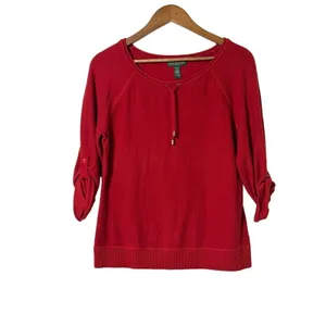 Lauren Ralph Lauren Red Cotton Tie Neck Top Roll Tab Sleeve Women M thumbnail 2