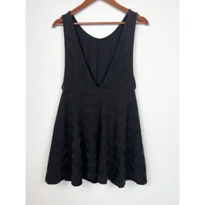 Free People Black Textured Fit & Flare L Mini Dress Deep V Back 0 Boho Chic thumbnail 2