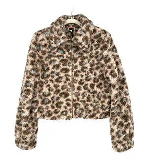 Andree By Unit Faux Fur Leopard Print Teddy Cropped Jacket Size Large NWT thumbnail 1
