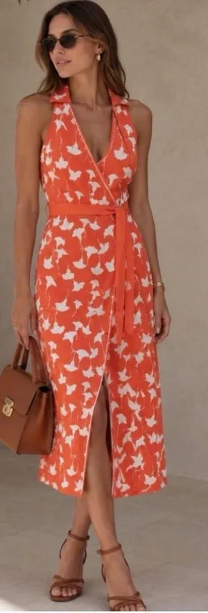 Diane von Furstenberg for Target Sweater Wrap Maxi Dress Size Large Orange White thumbnail 1
