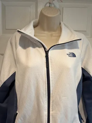 The North Face Womens Large Grid Fleece Jacket White Blue Full Zip Outdoor thumbnail 1