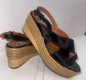 Vintage Y2K Lanvin Black Leather Platform Wood Jute Espadrille Wedge Shoes 40 thumbnail 1