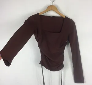 ZARA Brown Square Neck Ruched Stretch Jersey Top With Side Gathering Large thumbnail 12