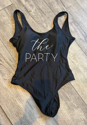 Shein Medium One Piece Bathing Suit Women’s Black “The Party” Funny Bachelorette thumbnail 1