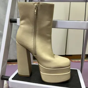 Source Unknown Sassy Cream Platform Boots Chunky Heel Square Toe Side Zipper Womens 5 thumbnail 10