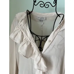 New Nili Lotan Women's XXS Long‎ Sleeve Sheer Ruffle Button Blouse Birch Ivory thumbnail 3