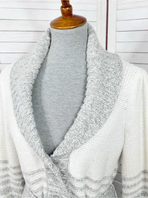 St. John's Bay Stripe Colorblock Shawl Collar Belted Cardigan Sweater Grey White thumbnail 5