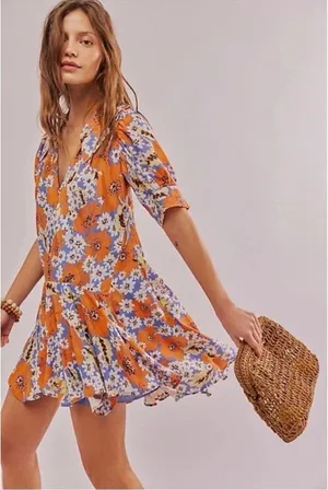 Free People Size Medium Sugar Crush Mini Dress Cobalt‎ Combo Floral thumbnail 1