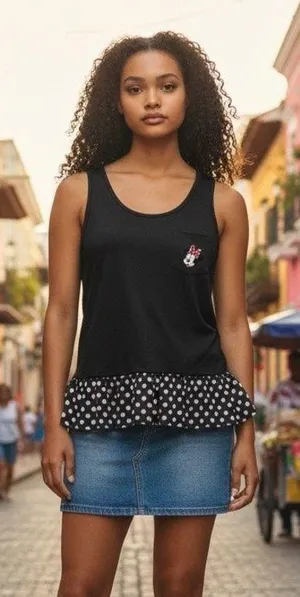 Disney Parks Embroidered Minnie Mouse Black White Polka Dot Tank w Ruffled Hem L thumbnail 1
