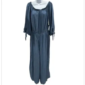 Magnolia‎ Skye NWT Boho Off-Shoulder Jumpsuit with Tie Sleeves Blue Chambray L thumbnail 2