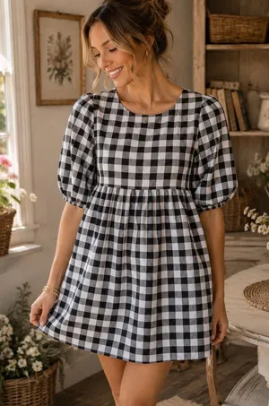 Gingham Puff Sleeve Babydoll Dress Black White Size S San Jose The Label thumbnail 1