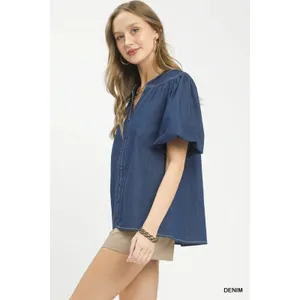 Umgee‎ Denim Button Front Puff Sleeve Boho Blouse - Large thumbnail 2