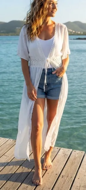 White Sheer Kimono with Crochet Detailing thumbnail 1