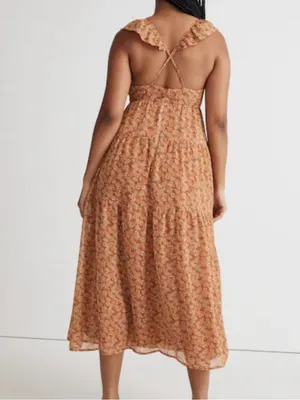 Madewell Womens Georgette Orange Floral Tiered Midi Dress 2/Xs thumbnail 3