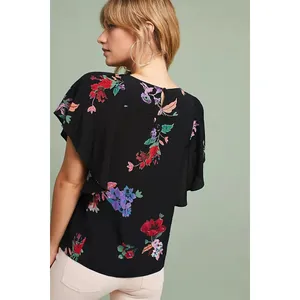 Maeve Black Floral Blouse Top Flowy Short Sleeve Top Size Large thumbnail 2