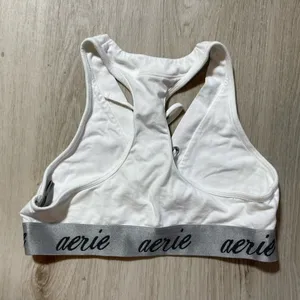 Aerie Women's White Gray Tie Front Sports Bra Size Medium Racerback Logo Band‎ thumbnail 3